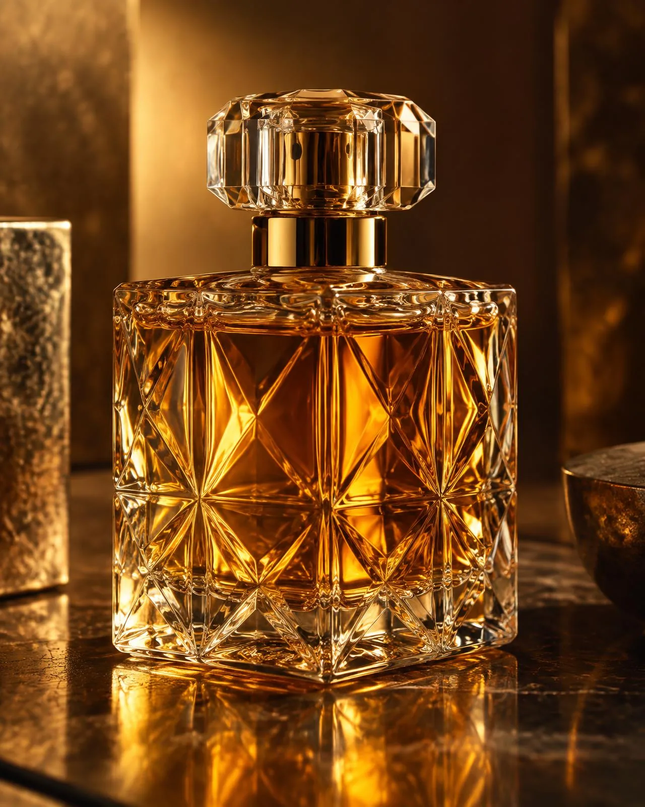 Amber faceted perfume bottle detail — illustrative