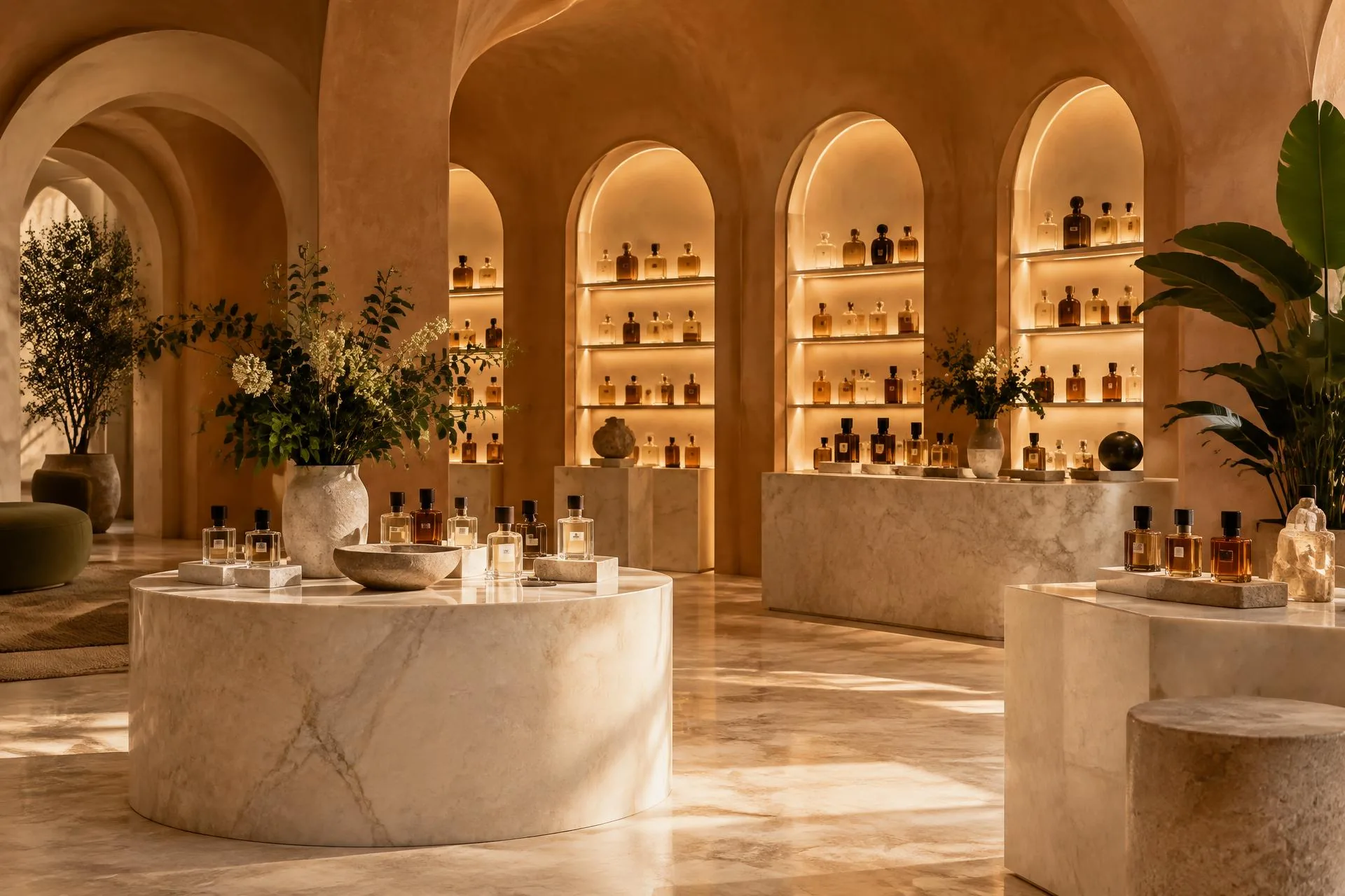 Warm amber perfume boutique with arched, lit shelf niches — illustrative